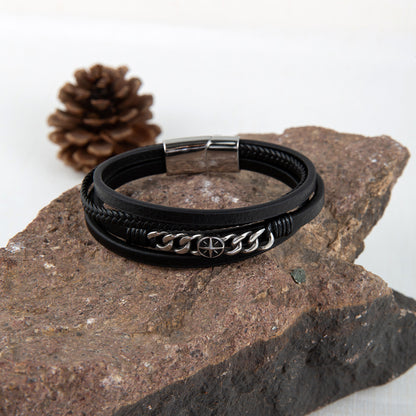 Rockyu メンズブレスレット レザー 黒 多重巻き チェーン 幅広 バングル アクセサリー
