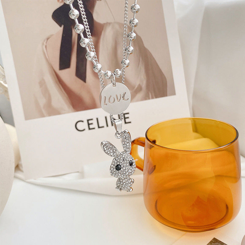 Rockyu レディースネックレス うさぎとくまの二連ロングチェーンペンダント