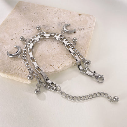 Rockyu ブレスレット レディース ステンレス シルバー 月モチーフ 鈴チャーム 多連チェーンブレスレット サイズ調整可能 ファッションアクセサリー