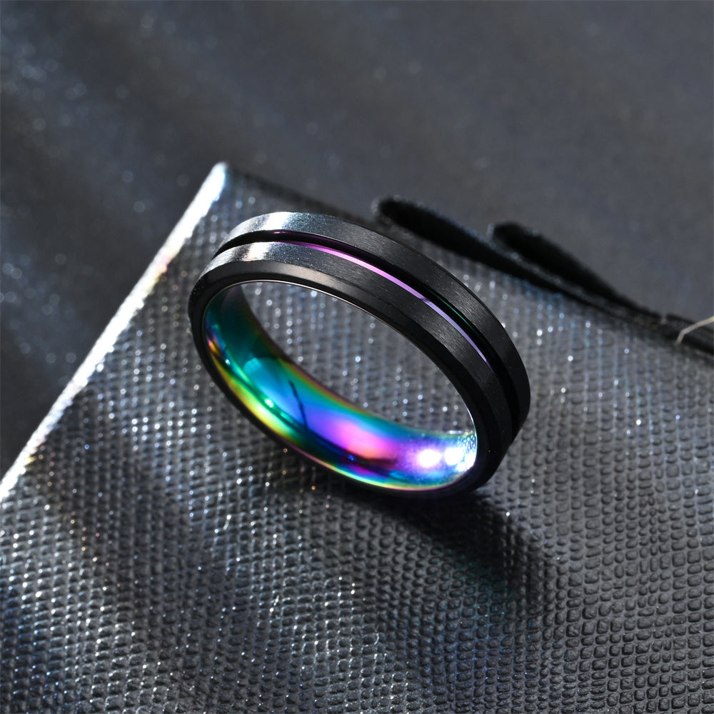 Rockyu メンズリング ステンレス製 ブラックライン 5色展開 6mm幅 マット仕上げ