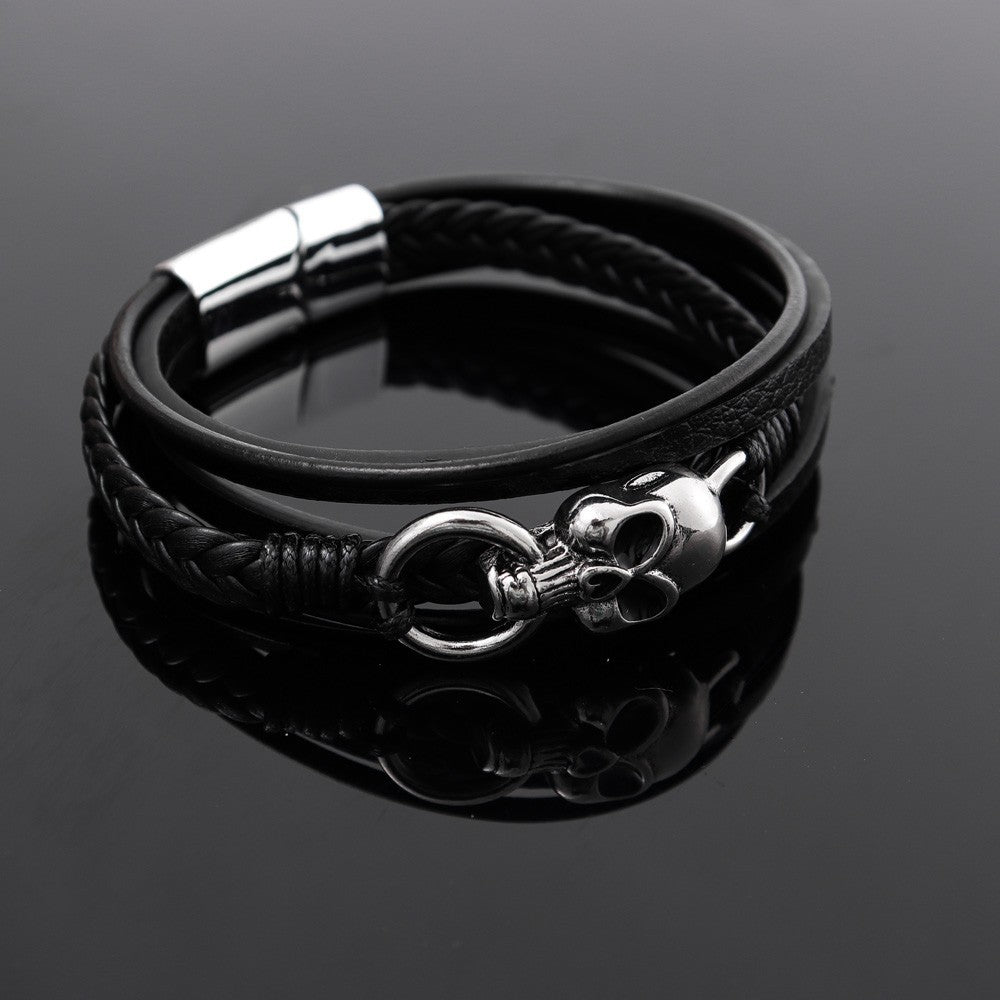 Rockyu メンズ ブレスレット レザー 黒 多重巻き 髑髏 ドクロ 編み込み バングル アクセサリー