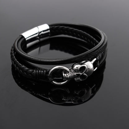 Rockyu メンズ ブレスレット レザー 黒 多重巻き 髑髏 ドクロ 編み込み バングル アクセサリー