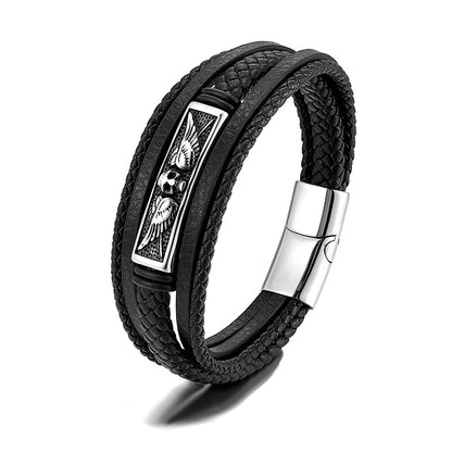 Rockyu メンズ ブレスレット スカル レザー ブラック 3連デザイン 翼モチーフ おしゃれ アクセサリー