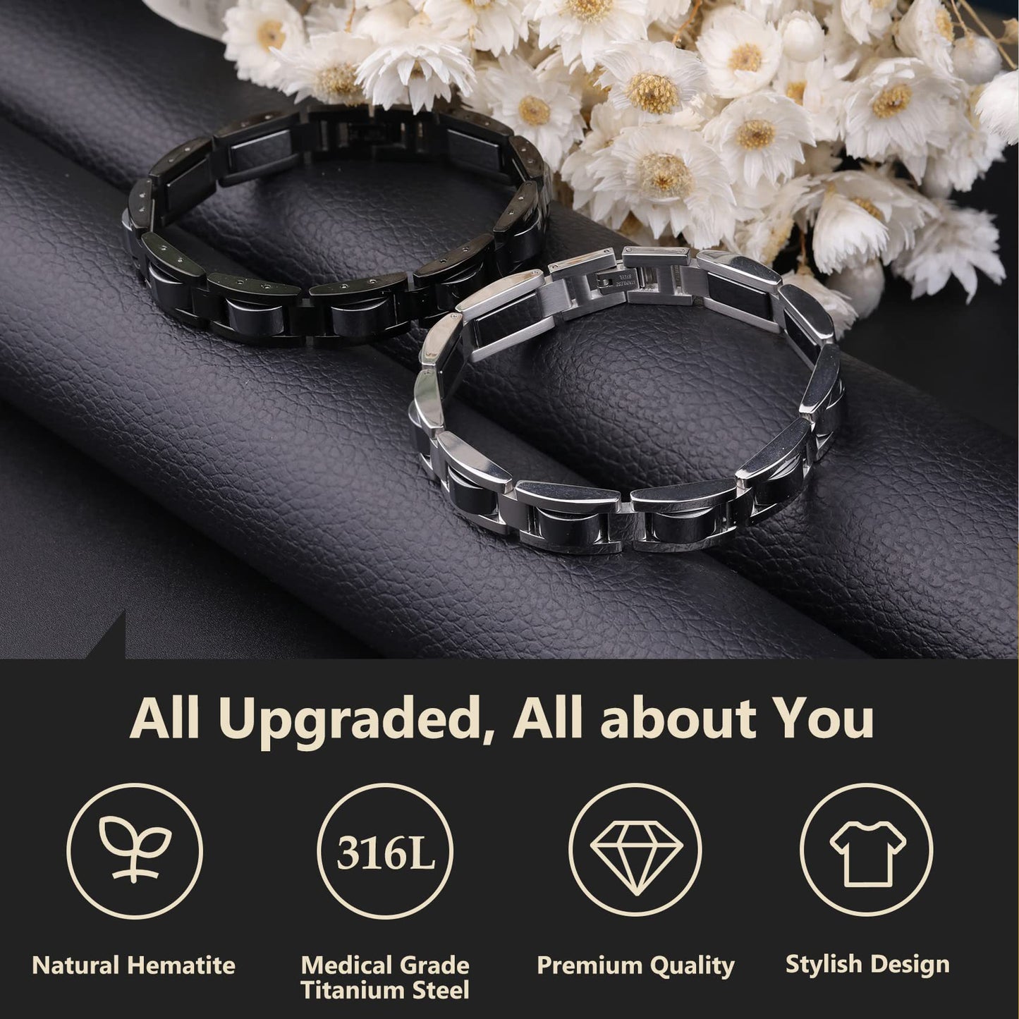 Rockyu メンズ磁気ブレスレット チタン＆ゲルマニウム 静電気除去 シルバー 12mm幅