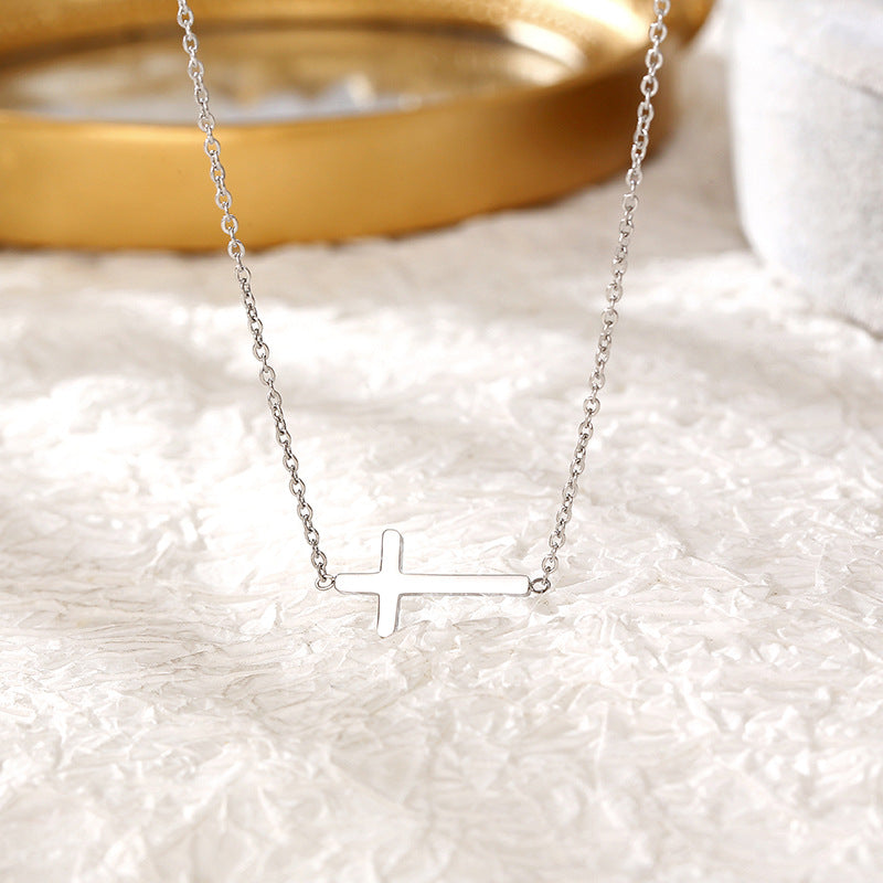 Rockyu 十字架ネックレス ピンクゴールド ステンレス製 シンプルクロス チェーンアクセサリー