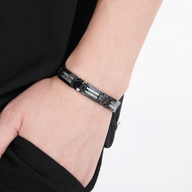 Rockyu タングステン磁気ブレスレット メンズ シルバー・ブルー シェルインレイ 静電気対策 4種天然エレメント搭載