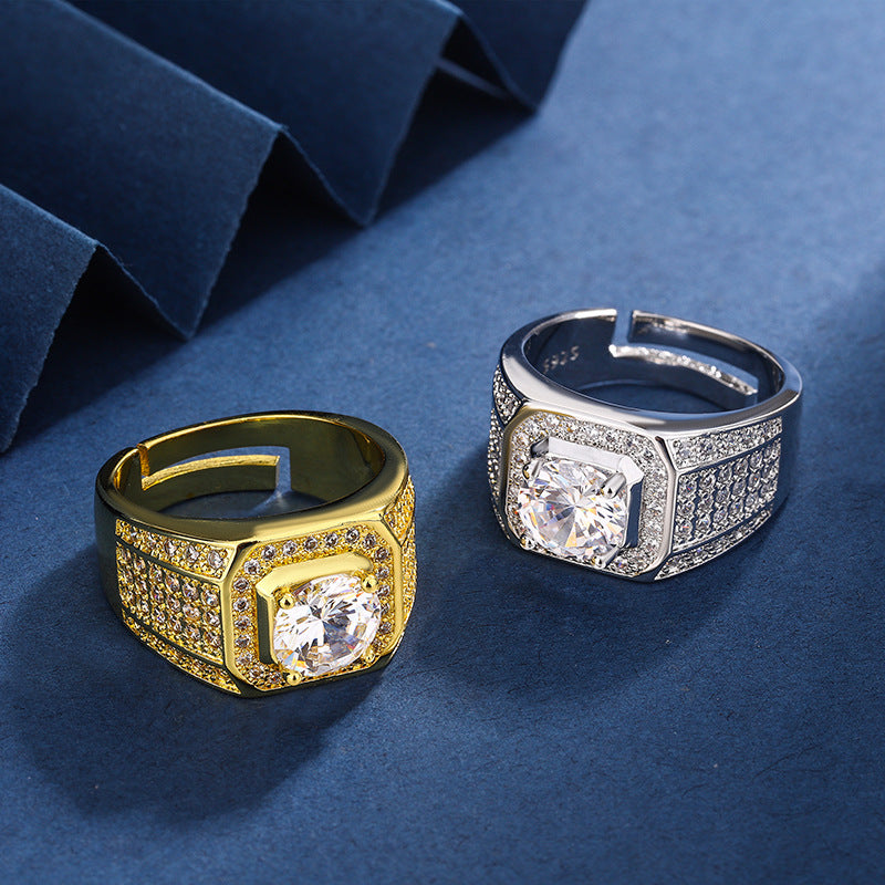 Rockyu メンズリング ゴールド＆シルバー調 大粒ジルコニア フリーサイズ 幅広デザイン