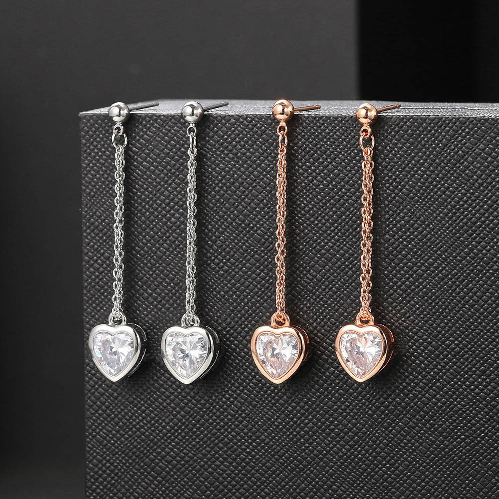 Rockyu ピアス レディース ハートモチーフ ピンクゴールド ジルコニア ロングチェーン 揺れるピアス