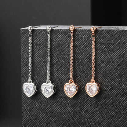 Rockyu ピアス レディース ハートモチーフ ピンクゴールド ジルコニア ロングチェーン 揺れるピアス