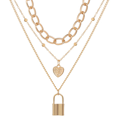 Rockyu 三連ネックレス ゴールド｜ハート＆南京錠チャーム付き・金属アレルギー対応