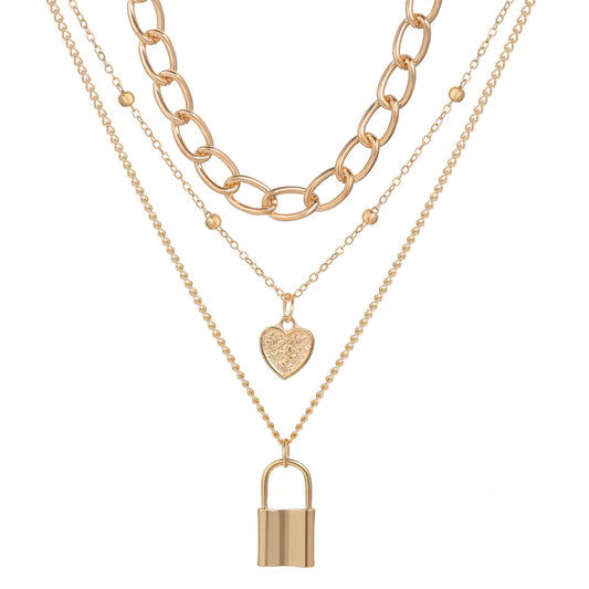 Rockyu 三連ネックレス ゴールド｜ハート＆南京錠チャーム付き・金属アレルギー対応
