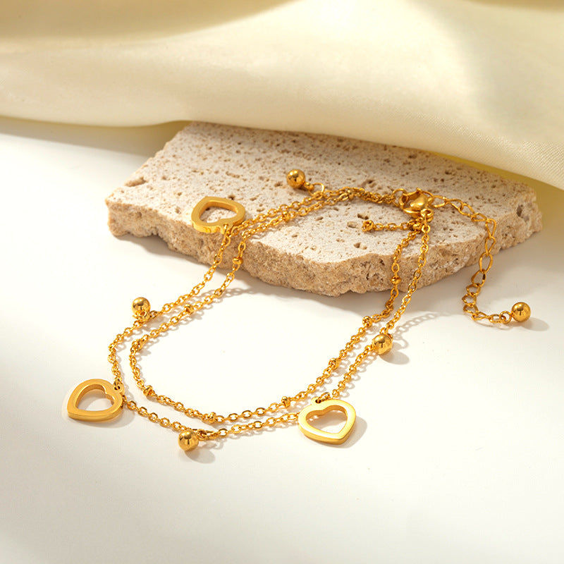 Rockyu アンクレット レディース ハート チャーム ピンクゴールド チタン製 18k メッキ おしゃれ 調節可