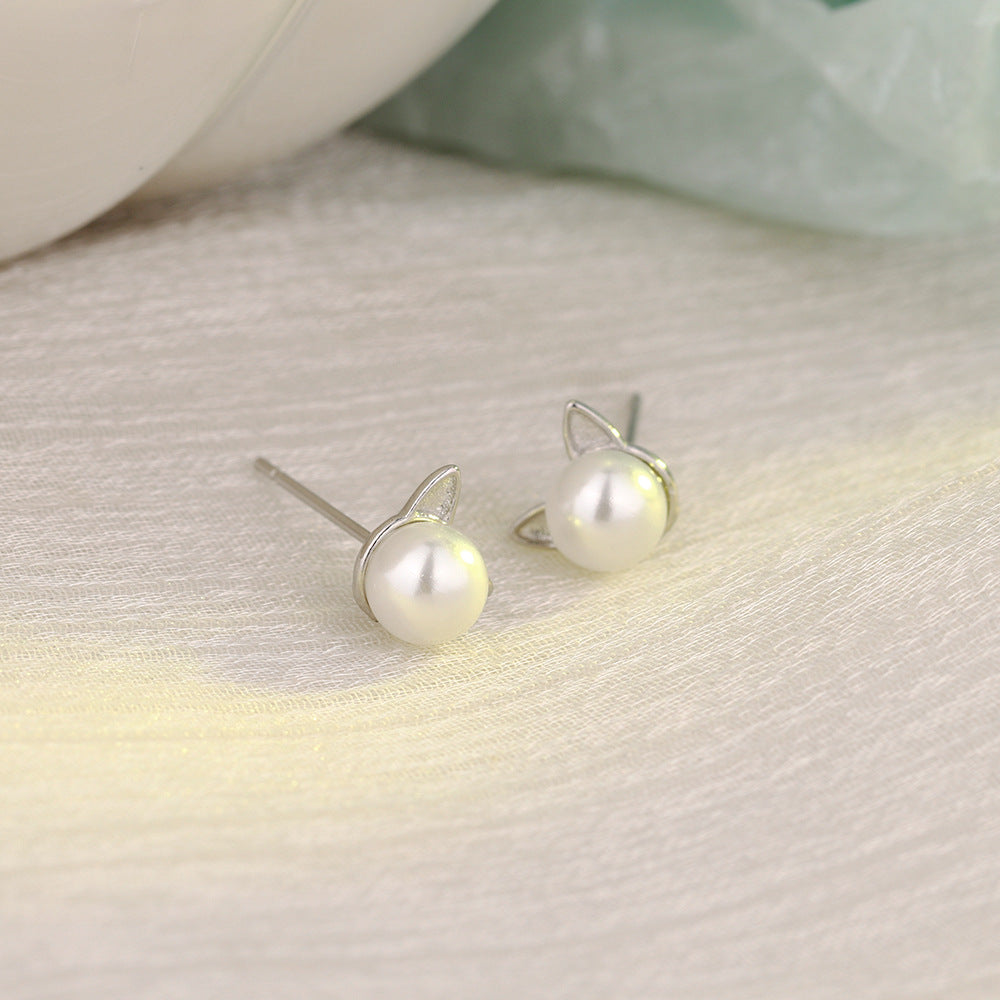 Rockyu 猫耳パールピアス レディース シルバー プチサイズ 可愛いアクセ