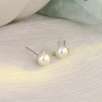 Rockyu 猫耳パールピアス レディース シルバー プチサイズ 可愛いアクセ