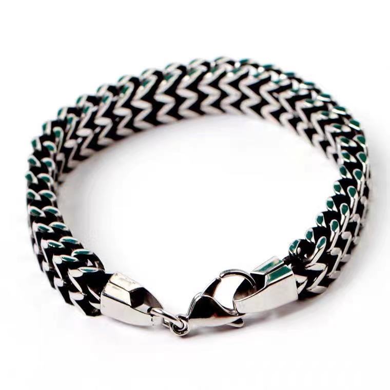 Rockyu メンズブレスレット – シルバーステンレス 2連チェーン 幅広デザイン