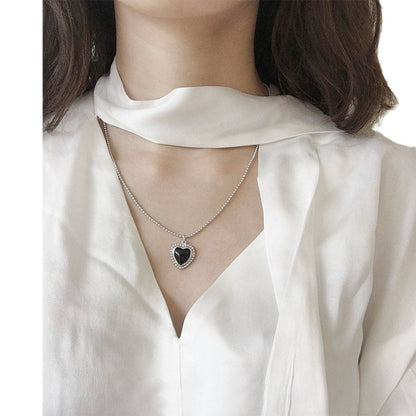 Rockyu ブラックハートネックレス＆ブレスレット レディース シルバー パール付きセット INS風