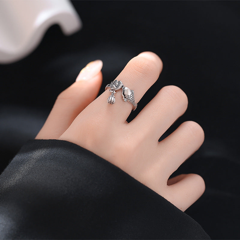 Rockyu 鯉と蓮のチャームリング レディース フリーサイズ S925シルバー指輪