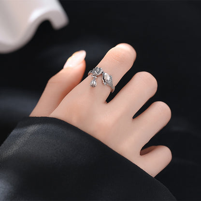 Rockyu 鯉と蓮のチャームリング レディース フリーサイズ S925シルバー指輪