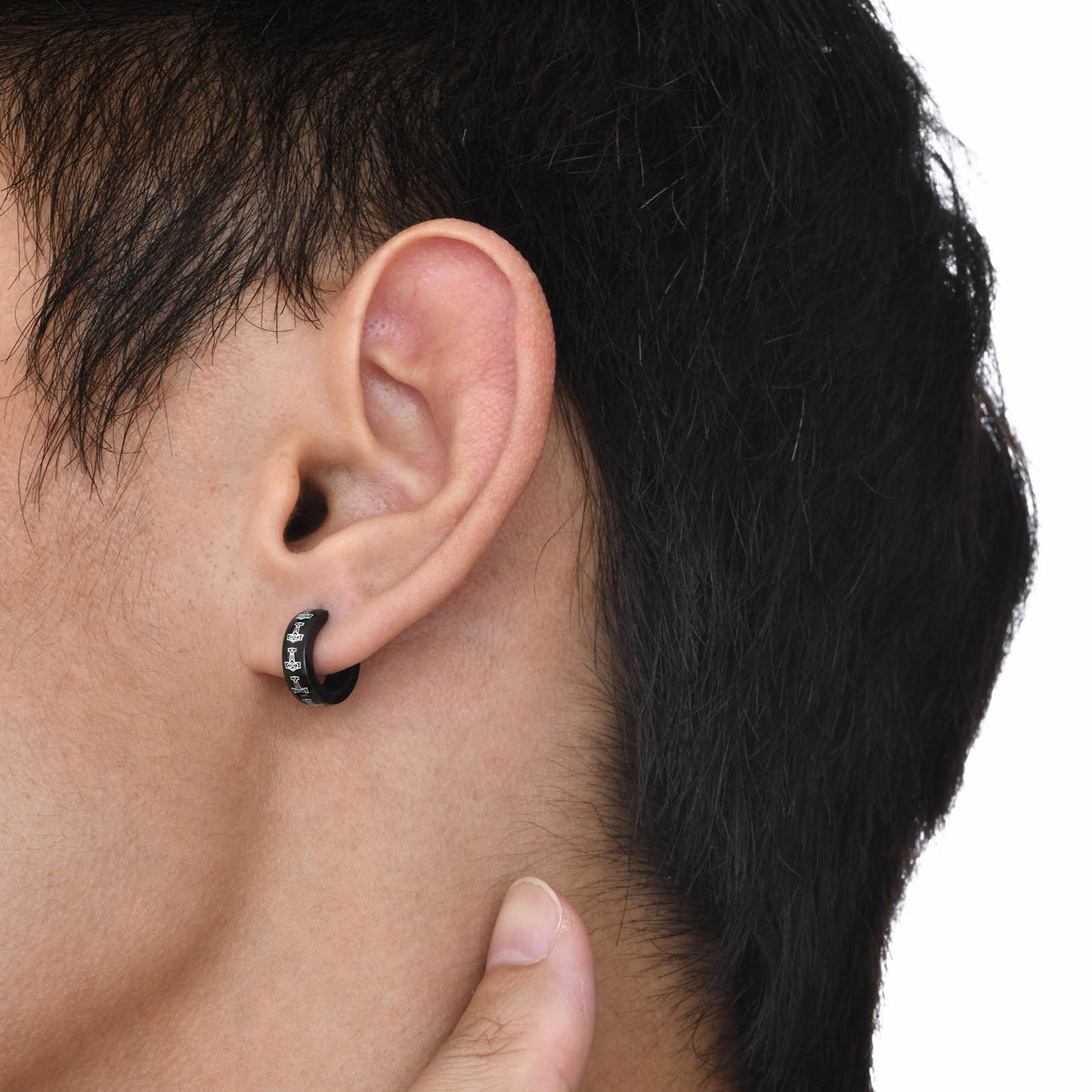 Rockyu ステンレス製 ブラックコーティング柄入りフープピアス メンズ 片耳用