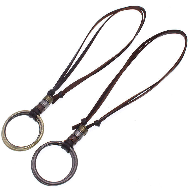 Rockyu メンズリングペンダントネックレス｜3連リング×レザー紐 60cm調整可ロングタイプ