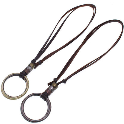 Rockyu メンズリングペンダントネックレス｜3連リング×レザー紐 60cm調整可ロングタイプ