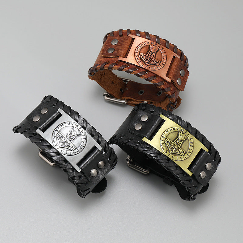 Rockyu ブレスレット メンズ レザー 幅広 ヴァイキング 雷神ハンマー記号 プレート ブラック＆ブラウン