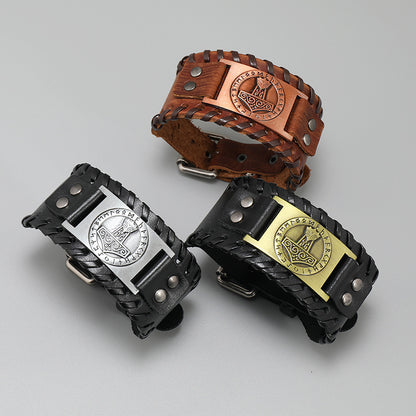 Rockyu ブレスレット メンズ レザー 幅広 ヴァイキング 雷神ハンマー記号 プレート ブラック＆ブラウン
