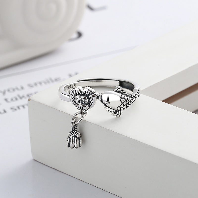 Rockyu 鯉と蓮のチャームリング レディース フリーサイズ S925シルバー指輪