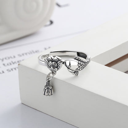 Rockyu 鯉と蓮のチャームリング レディース フリーサイズ S925シルバー指輪