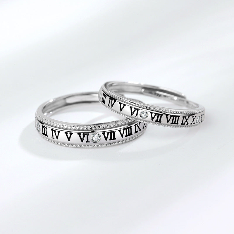 Rockyu ペアリング カップル用 ローマ数字刻印 シルバー925 フリーサイズリング