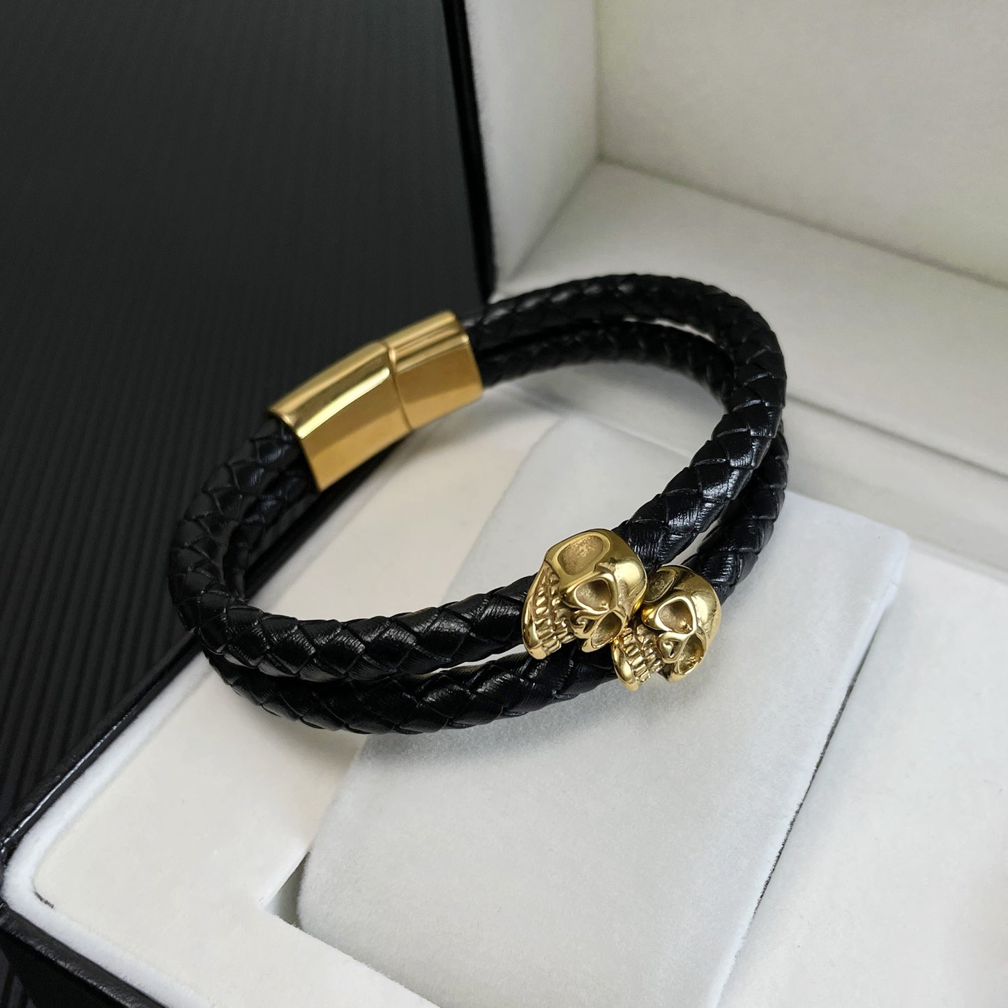 Rockyu メンズ スカル レザーブレスレット 2連 ドクロ ステンレス シルバー ゴールド ブラック