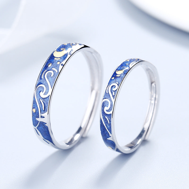 Rockyu 星空リング レディース フリーサイズ 月と星モチーフ シルバー925