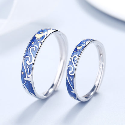 Rockyu 星空リング レディース フリーサイズ 月と星モチーフ シルバー925