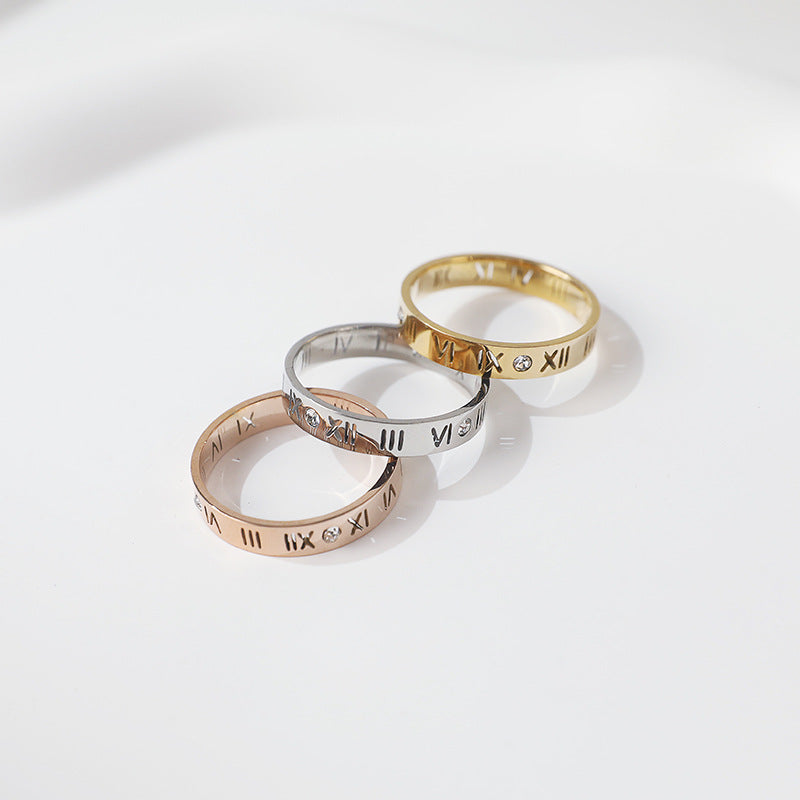 Rockyu ローマ数字リング レディース ステンレス製 3.5mm幅 ピンクゴールド・シルバー