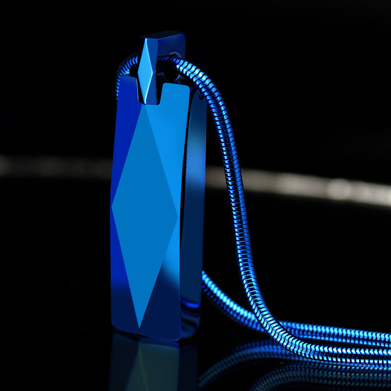 Rockyu タングステンネックレス メンズ レディース 多面カット長方形ペンダント ステンレス蛇チェーン付き 黒・銀・青 モダン幾何デザイン