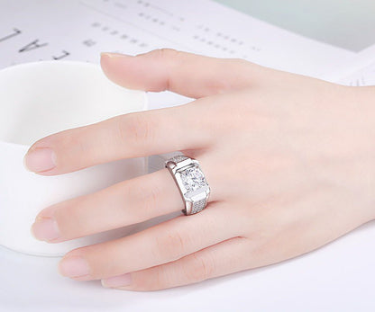 Rockyu メンズリング 大粒ジルコニア シルバー調 フリーサイズ 光沢仕上げ