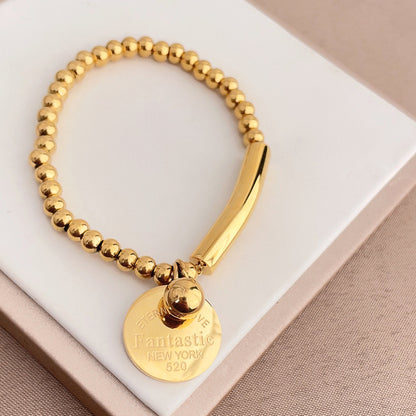 Rockyu レディースビーズブレスレット ステンレス製 刻印チャーム付き ニューヨークスタイル ファッションアクセサリー