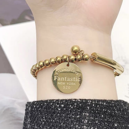 Rockyu レディースビーズブレスレット ステンレス製 刻印チャーム付き ニューヨークスタイル ファッションアクセサリー