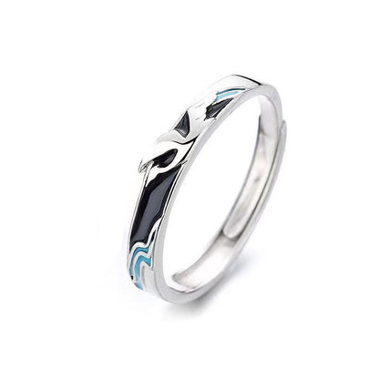 Rockyu 指輪 レディース フリーサイズ シルバー925 波・月モチーフ ブルーエナメル ペアリング風デザイン