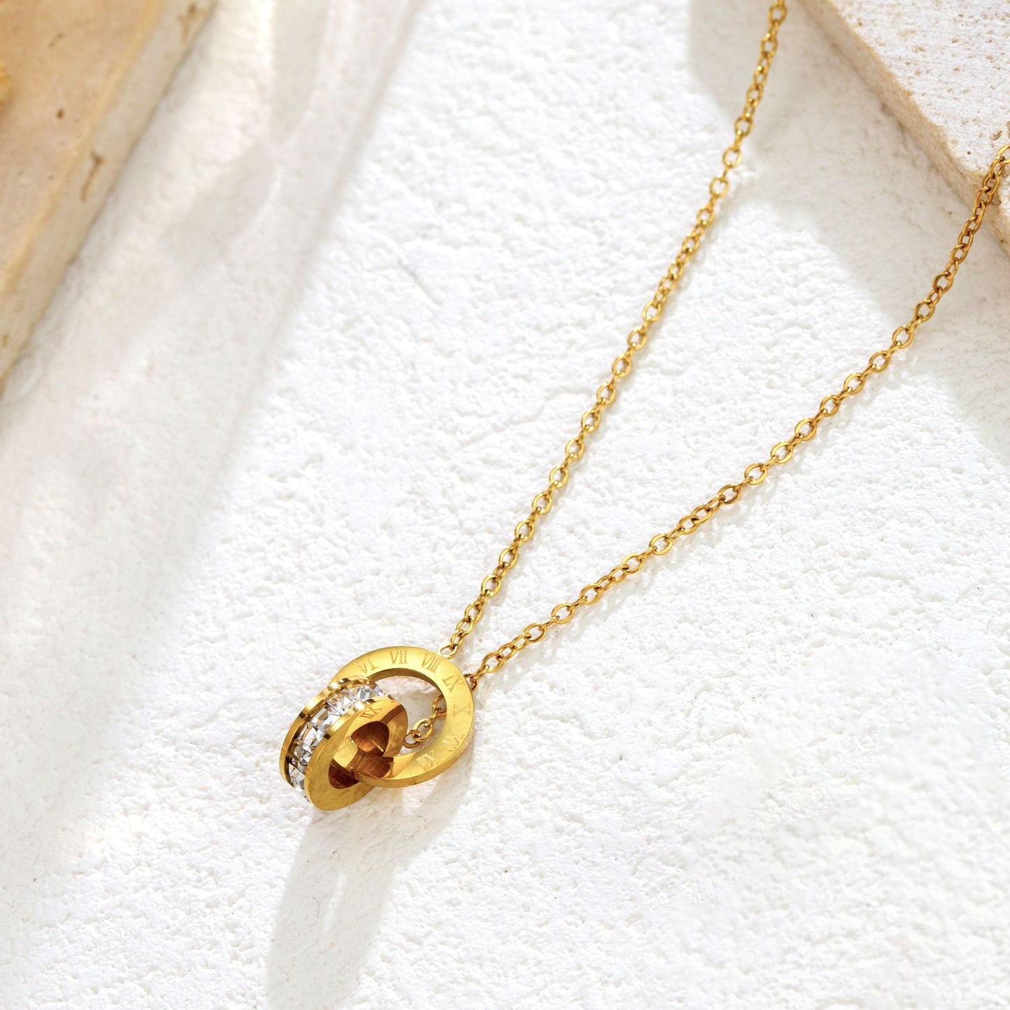 Rockyu ブレスレット レディース ピンクゴールド チタン 2連リング ローマ数字 ジルコニア