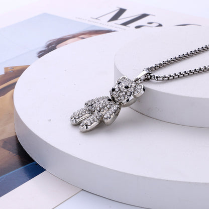 Rockyu 小熊ペンダントネックレス パヴェストーンデザイン ロングチェーン 冷淡スタイル