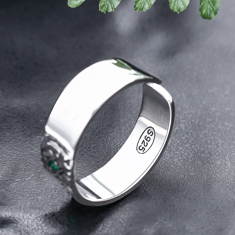 Rockyu タイガーリング メンズ レディース シルバー925 フリーサイズ グリーンストーン 金属アレルギー対応