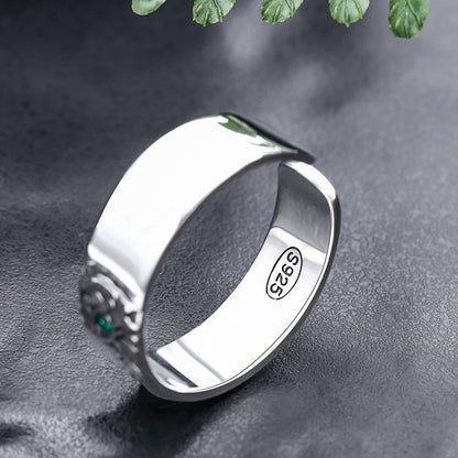 Rockyu タイガーリング メンズ レディース シルバー925 フリーサイズ グリーンストーン 金属アレルギー対応