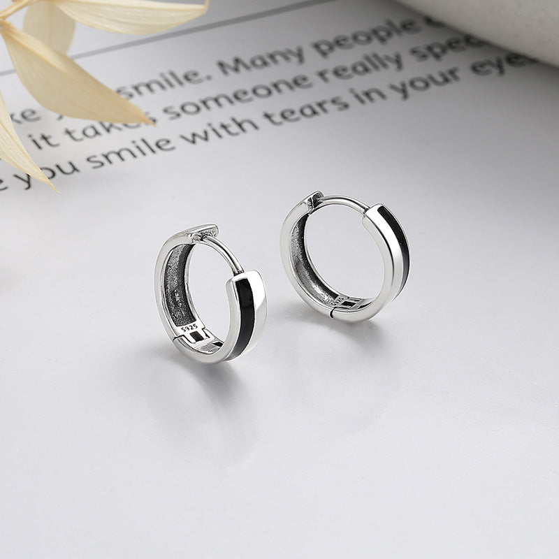 Rockyu シルバー925 ブラックエナメル フープピアス シンプルモダン 男女兼用