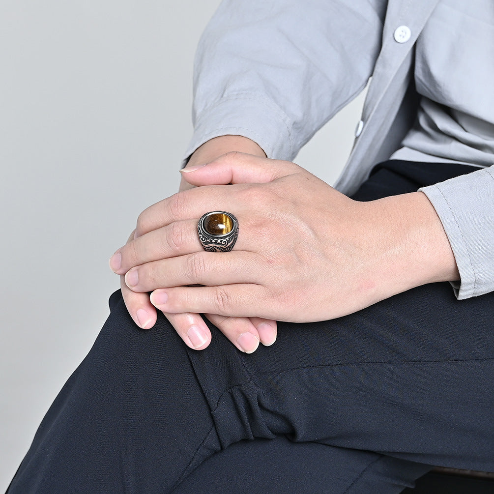Rockyu メンズ ステンレスリング – 天然石オニキス＆タイガーアイ装飾 シルバー彫刻デザイン