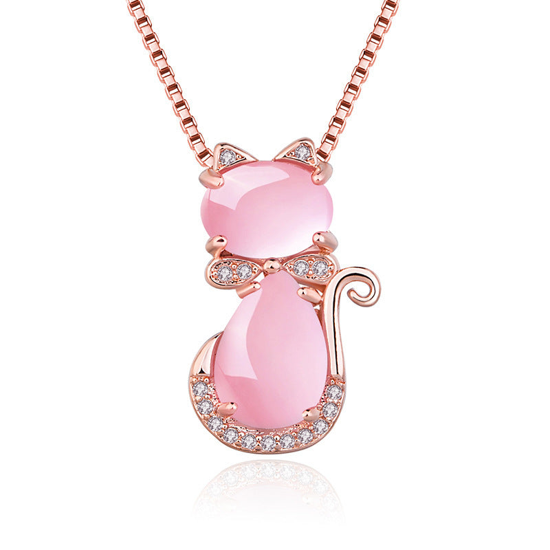 Rockyu ネックレス レディース ピンクゴールド 猫モチーフ 天然石 ジルコニア