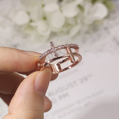 Rockyu クロスリング レディース ジルコニア 18K仕上げ 二連風デザイン 指輪