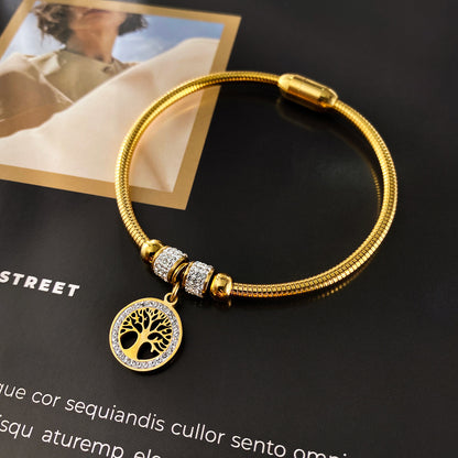Rockyu ブレスレット レディース 18金メッキ ジルコニア 生命の樹 磁石型バングル 純チタン アレルギー対応