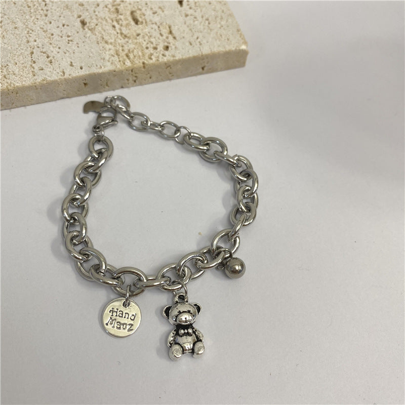 Rockyu ブレスレット レディース 小熊チャーム付き チェーンブレス 錆びにくい チタン風