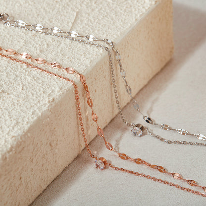 Rockyu ブレスレット レディース ピンクゴールド 2連チェーン ジルコニア付き 細身ジュエリー アレルギー対応